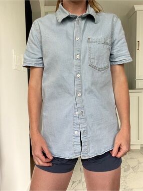 Boohoo Mens Pale Blue Short-Sleeve Denim Button-Down Shirt